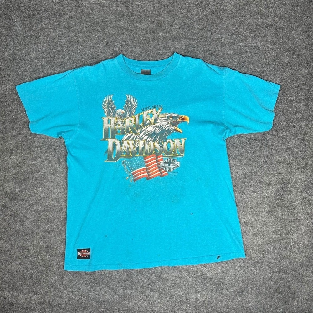 Rare Vintage 90s Harley Davidson 3D Emblem T Shirt XL Fort‎ Worth Teal Thrashed